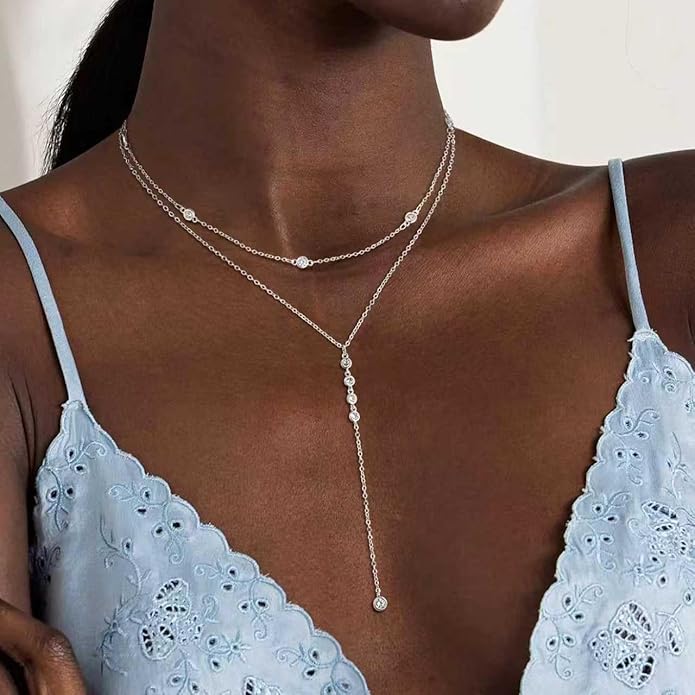 Lariat Necklace for Women, Dainty Long Necklaces, 14k Gold/Silver Plated Y-Shaped Drop Chain Necklace, Simple Layered Necklaces, Trendy Jewelry Gifts for Her