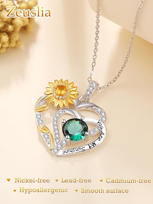 Zeuslia Double Birthstone Necklace Gifts for Wife - 925 Sterling Silver Sunflower/Rose/Crown Cross/Compass/Heart Pendant I Love You Necklace, Anniversary Birthday Gifts for Wife Girlfriend Mom Her