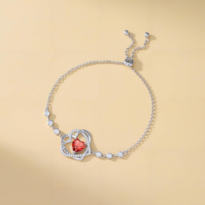 TOUPOP Heart Birthstone Bracelet 925 Sterling Silver Double Heart Bracelet Love You for Always and Forever Jewelry Anniversary Birthday Christmas Gifts for Women Wife Her