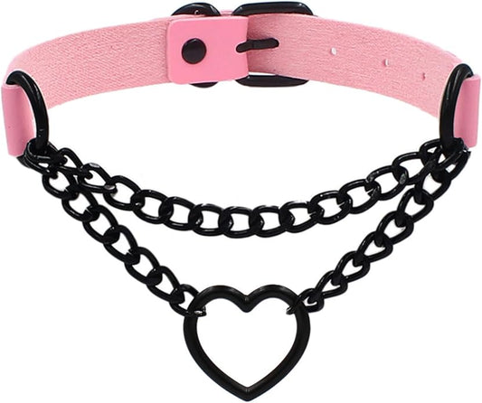 Love Heart Choker Collar Necklace, Adjustable Leather Punk PU Necklace Goth Choker Soft Collar Chain for Women