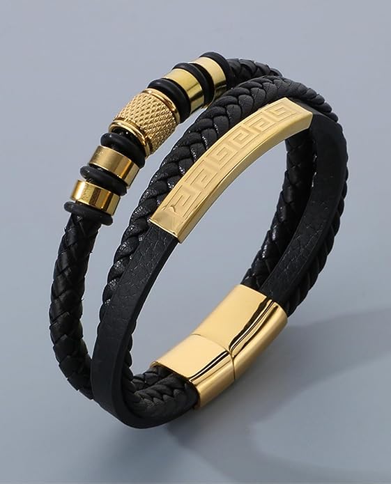 Italian Handmade Genuine Leather Bracelets for Men Stainless Steel Clip, Men's Casual Genuine Multi-layer Cuff Bracelet, Bracelet Gift for Real Men