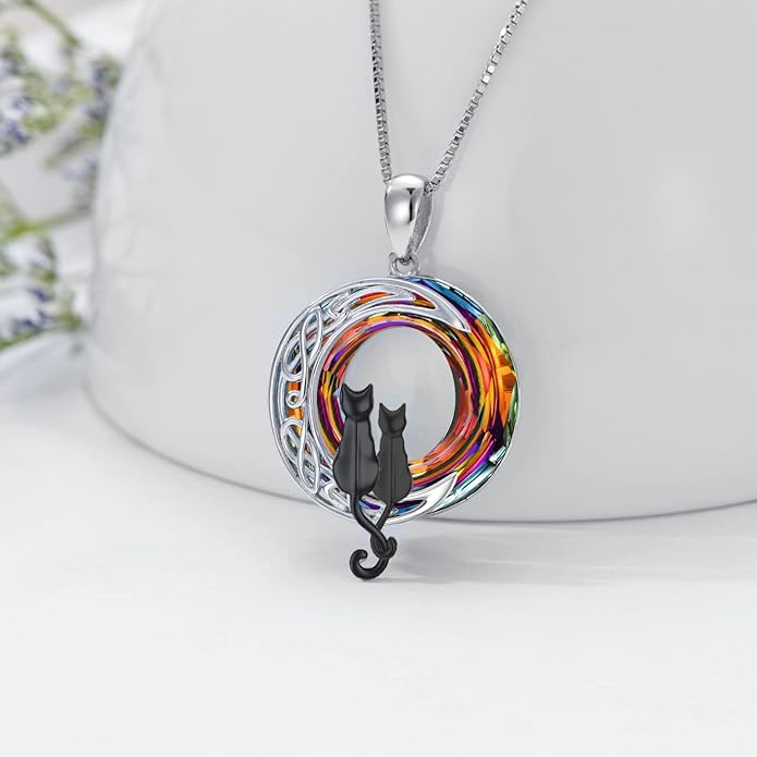 TOUPOP Christmas Cat Gifts for Cats Lovers One Two Three Four Cats Necklace Sterling Silver Cats on the Moon Pendant Necklace with Blue Circle Crystal Birthday Christmas Celtic Jewelry Gifts for Women