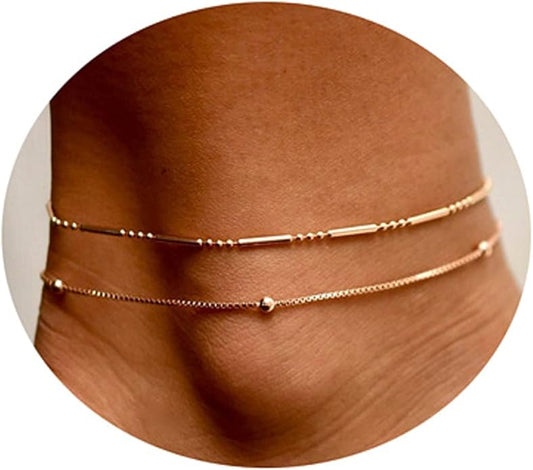 Pencros Dainty Layered Anklet,14K Gold Filled Cute Beads Satellite Chain Heart Boho Adjustable Anklets for Women
