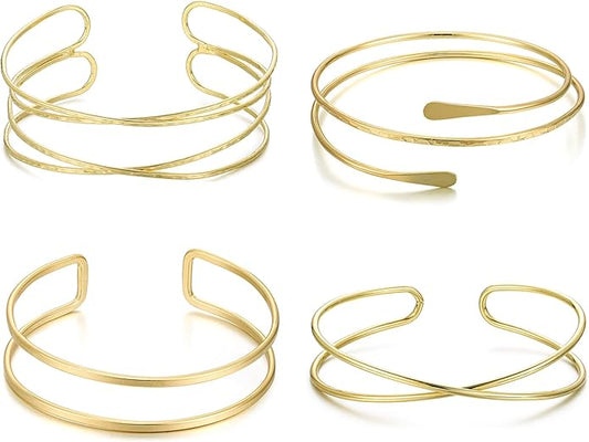 YVVLEE 4 Pieces Gold Arm Cuff Bracelets Set Jewelry Upper Coil Bangle Bracelets Adjustable Armband Set for Women