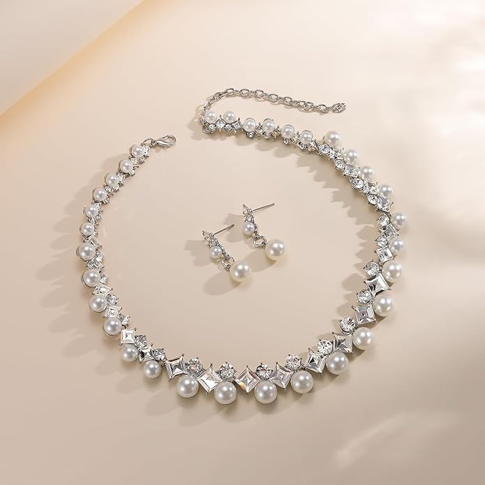 la luen Pearl Bride Wedding Jewelry Set Faux Pearls Crystal Rhinestone Necklace Earrings Bracelet Sets for Women Bridesmaid(3 PCS)