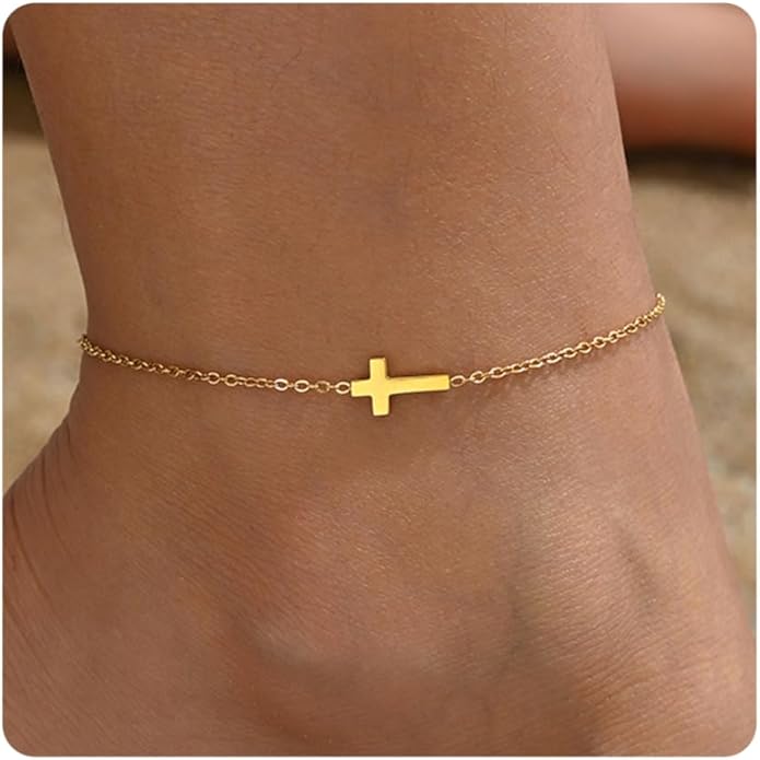 Ankle Bracelets for Women Dainty 18K Gold Plated Anklet Waterproof Round Beaded Paperclip Herringbone Pearl Chain Anklets Waterproof Beach Foot Jewelry