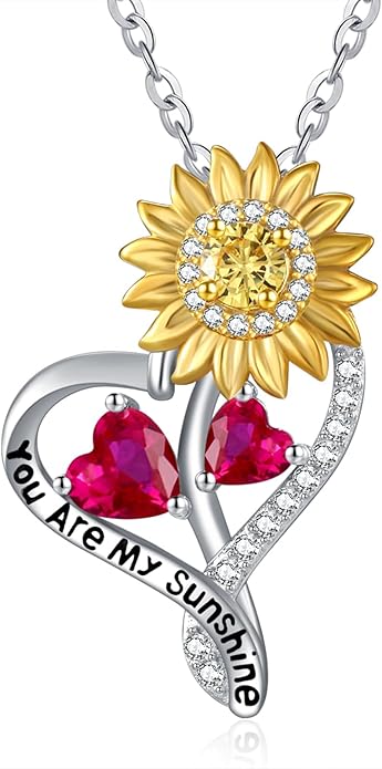 Zeuslia Double Birthstone Necklace Gifts for Wife - 925 Sterling Silver Sunflower/Rose/Crown Cross/Compass/Heart Pendant I Love You Necklace, Anniversary Birthday Gifts for Wife Girlfriend Mom Her