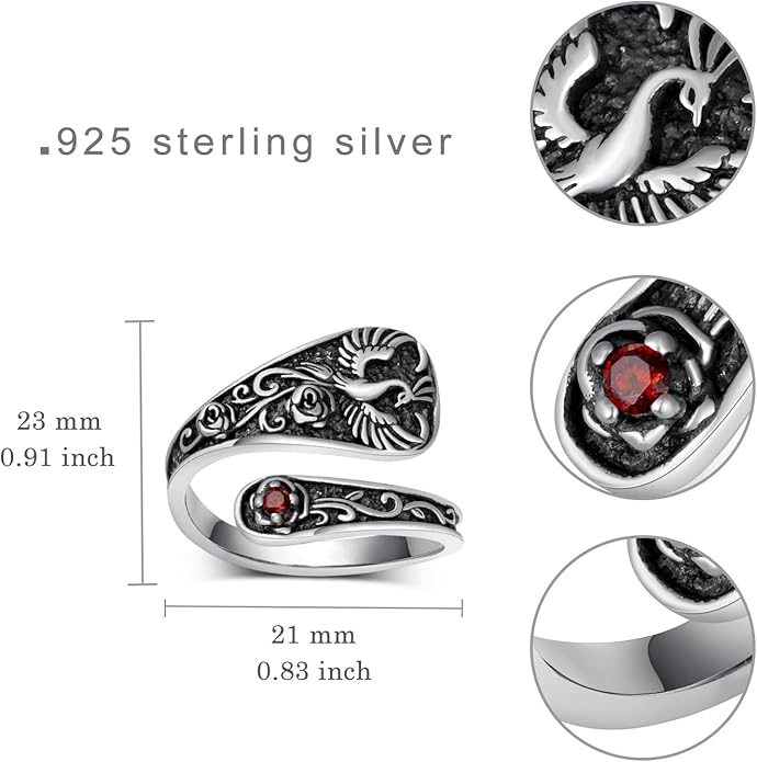 Spoon Rings for Women 925 Sterling Silver Mushroom/Phoenix/Snake/Cardinal/Octopus/Tree of Life/Sunflower/Highland Cow/Dragonfly/Dragon/Horse/Sea Turtle/Frog Rings
