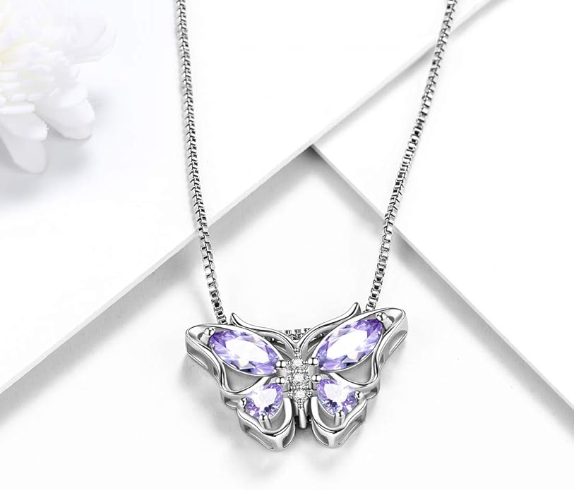 Aurora Tears Butterfly Birthstone Pendant Necklace - Women 925 Sterling Silver Butterflies Birthstone Pendant Necklace Jewelry Birthday Gift for Women