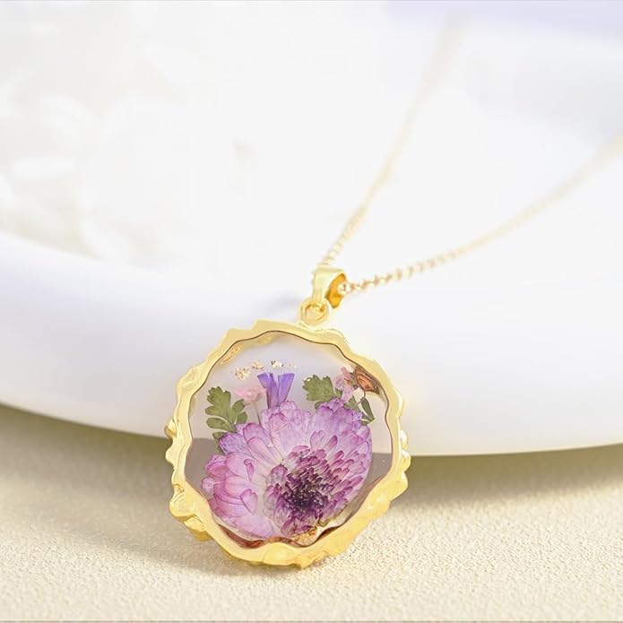Birth Flower Necklaces for Women,1-12 Month Real Pressed Flower Necklace,Boho-Style Personalized Jewelry, Handmade Floral Pendant,Thoughtful Gift for Christmas,Birthday|18"