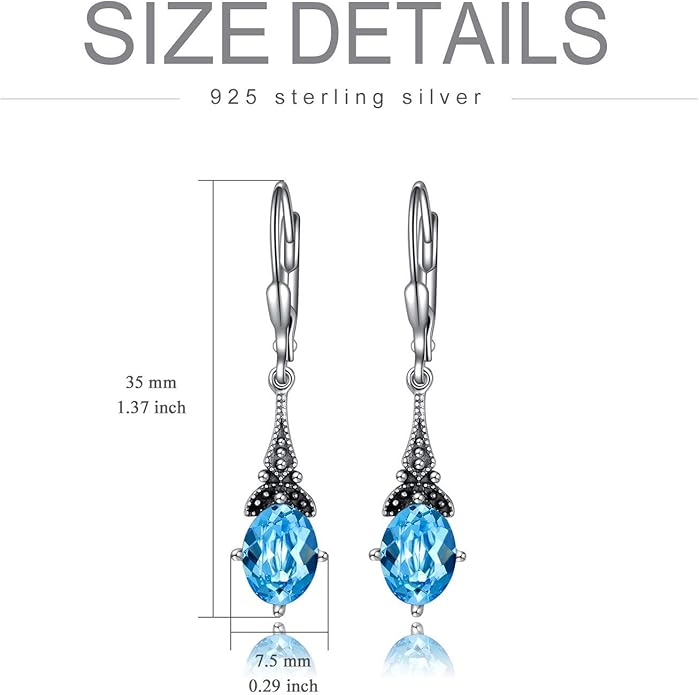 AOBOCO Vintage Earrings for Women Sterling Silver Retro Drop Dangle Leverback Earrings with 8x6mm Oval Genuine or Simulated Birthstone Crystal from Austria, Anniversary Jewelry Gifts for Her Women