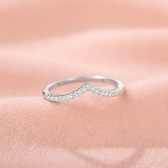 Arvaleff 925 Sterling Silver Rings for Women Ladies Wedding Band V Shaped Heatbeat Pattern Cubic Zirconia Engagement Eternity Ring Thin Stackable Comfort Fit Size 4-12