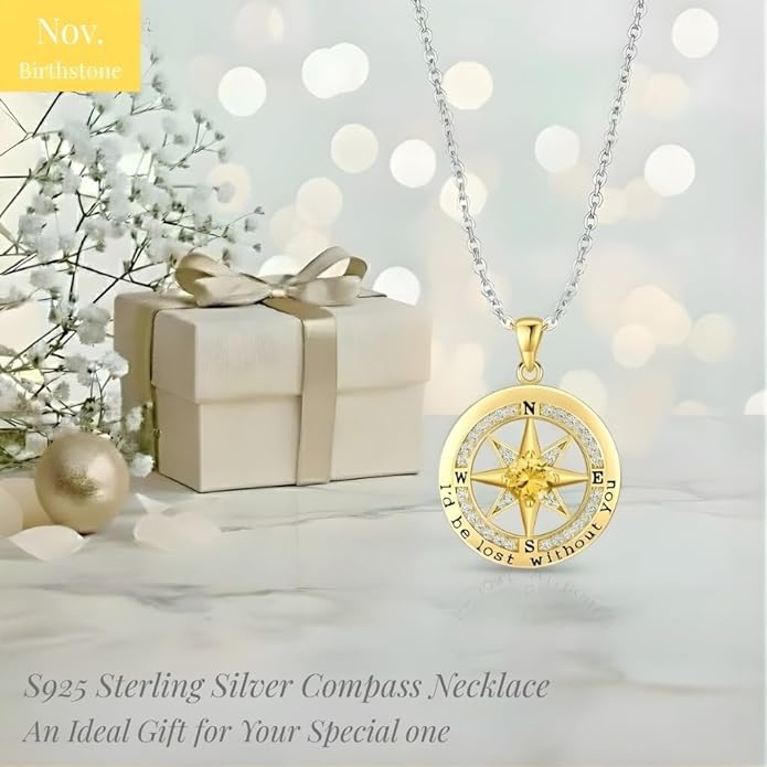 Compass Necklace for Women Wife Girlfriend Mom Daughter Gifts S925 Silver Jewelry For Anniversary Rose Gold Gifts For Birthday Christmas Mothers Valentines Day 12 Birthstones