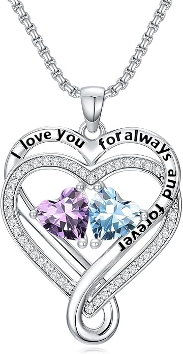 I Love You for Awlays and Forever Double Heart Necklace with Birthstone, 2 Birth Stone Jewelry Anniversary Valentines Mothers Day Christmas Birthday Gifts for Women Her Wife Girlfriend Mom Mother