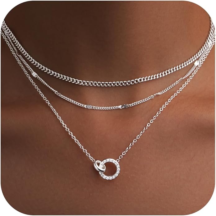 WomenGifts Layered Gold Necklaces for Women, 14K Gold Sterling Silver Plated Dainty Pendant Necklace Set with Cubic Zirconia Circle, Chunky Stackable Cuban Chain Choker, Trendy Personalized Birthstone Jewelry Gift Non Tarnish