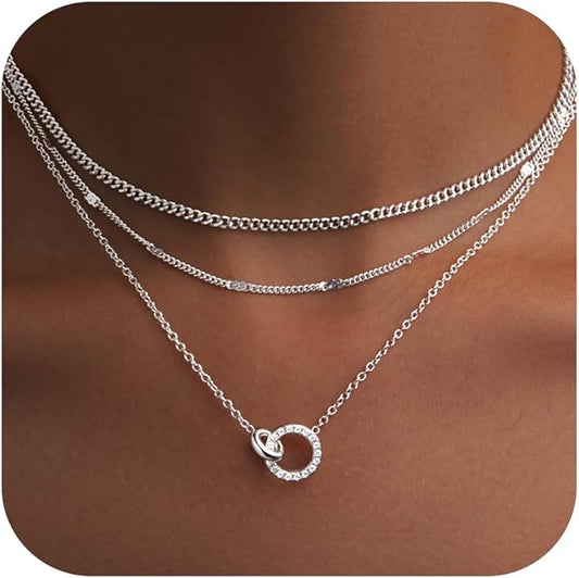WomenGifts Layered Gold Necklaces for Women, 14K Gold Sterling Silver Plated Dainty Pendant Necklace Set with Cubic Zirconia Circle, Chunky Stackable Cuban Chain Choker, Trendy Personalized Birthstone Jewelry Gift Non Tarnish