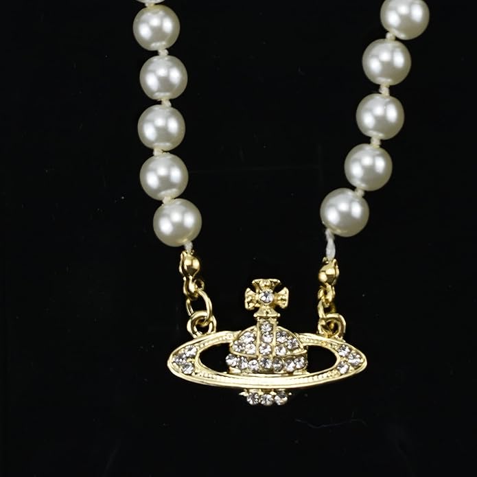 FENLDY Rhinestone Faux Planet Saturn Pearl Necklace for Women Jewelry, Fake Pearl Collar Pendant a Necklace Men with Charm for Girls Y2k Jewelry Ladies' Wedding Pearl Bead Chain Crystal Choker