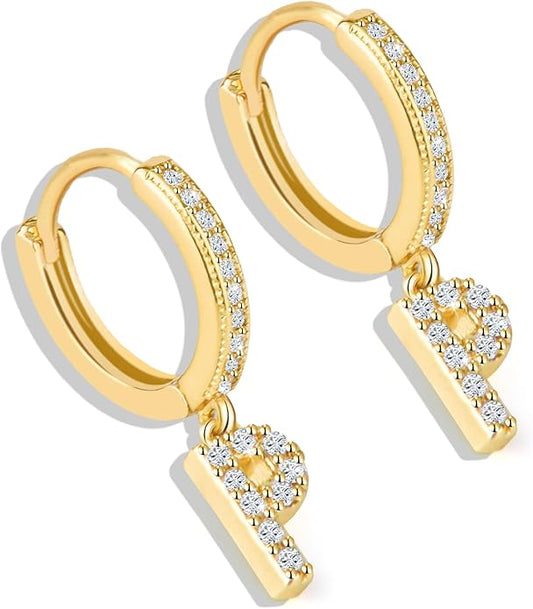18K Gold Filled Initial Dangle Hoop Earrings for Women, 1 Pair CZ Hypoallergenic Alphabet Letter A-Z Drop Dangle Dainty Gold Earrings, Small Huggie Hoop Earrings with Cubic Zirconia Gifts Jewelry