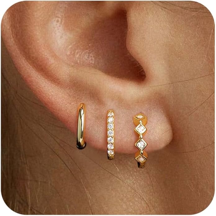 Freekiss 3 Pairs Gold Hoop Earrings Set: Dainty Stud Earrings Trendy Small 14K Gold Plated Hypoallergenic Dangle Cartilage Huggie Hoop Earrings for Women Gold Jewelry for Women Gifts