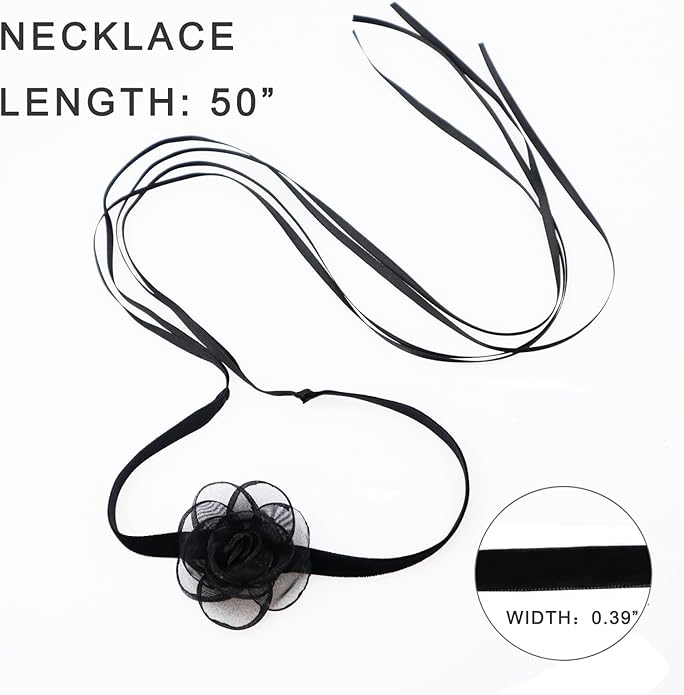 Black Choker Camellia Flower Lace-up Necklace For Women