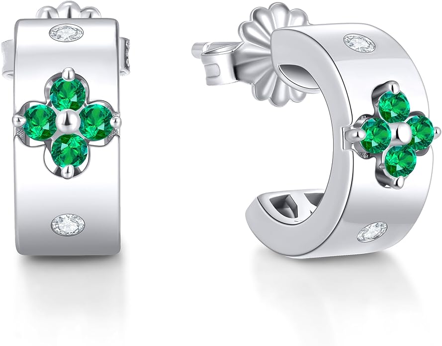 Premium Emerald&Moissanite Clover Hoop Earrings for Women Gifts Nickel Free|D Color VVS1 Clarity 3EX Cut|S925 Sterling Silver 18K Gold Plated Non Tarnish