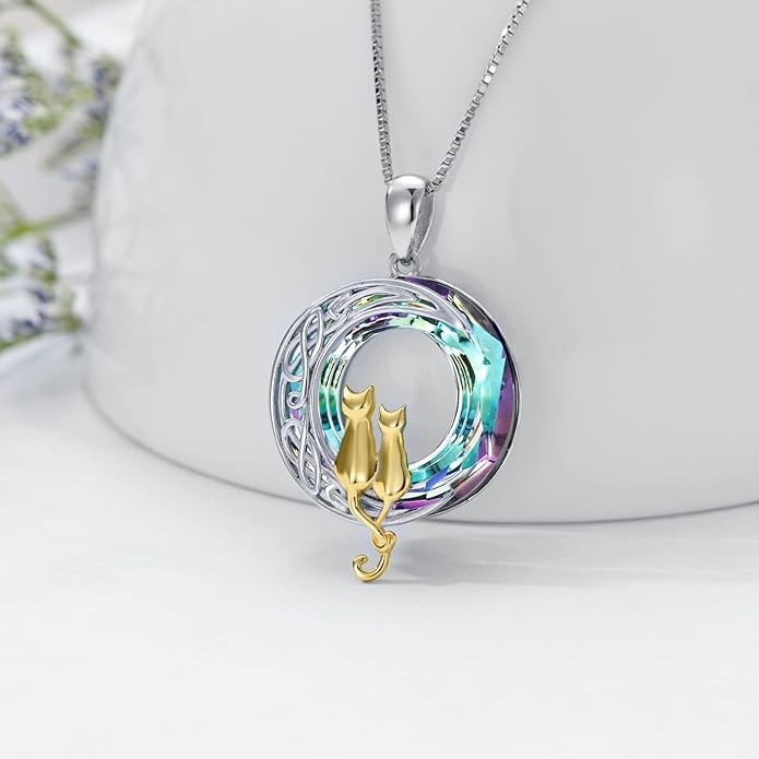 TOUPOP Christmas Cat Gifts for Cats Lovers One Two Three Four Cats Necklace Sterling Silver Cats on the Moon Pendant Necklace with Blue Circle Crystal Birthday Christmas Celtic Jewelry Gifts for Women