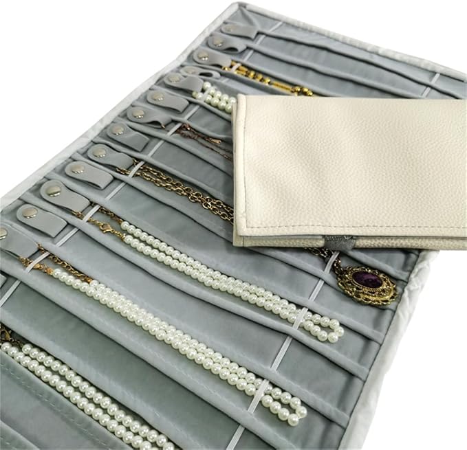 SCIKHEFT Portable Jewelry Roll Untangled Secure Necklace Travel Storage Bag Displays Holder 16 Chain (Gray PU and Gray Velvet)
