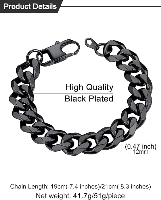 U7 Link Bracelets for Men, Cuban Link/Rope/Watch Band Solid Bracelet, Silver Black Gold Color Wrist Bracelet 3/6/9/12/15mm Width, 6.5/7.5/8.3 Inch Length, Hand Chain Jewelry for Mens Women