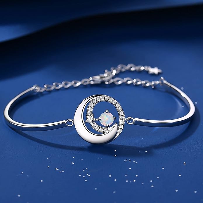 FANCIME Birthstone Bracelets 925 Sterling Silver Moon and Star Bangle Charm Bracelet Fine Jewelry Birthday Anniversary Christmas Day Gift for Her Women, Adjustable Chain 6.7"+1.2" Extend