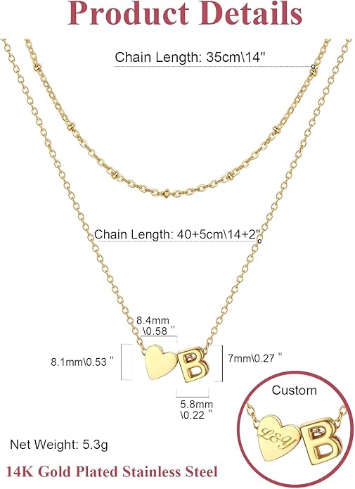 FOCALOOK Layered Initial Necklace for Women, 14K Gold Plated Choker Necklaces Stacks with Initial A-Z, Dainty Silver Heart Pendant Necklace Personalized Birthday Women Jewelry