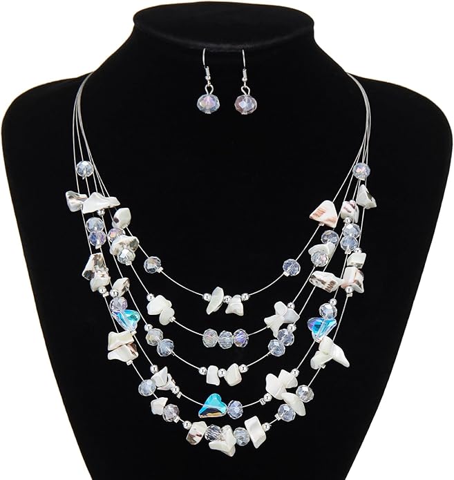 Multi-Layer Boho Shell Beaded Necklace for Women Colorful Crystal Strand with Silver Beads Statement Collars Necklace and Earrings Costumes Jewelry Sets for Women