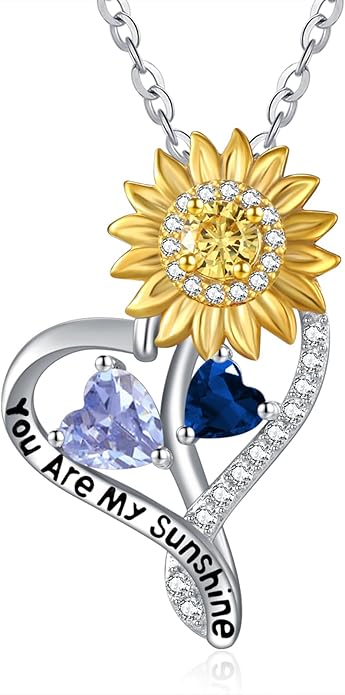 Zeuslia Double Birthstone Necklace Gifts for Wife - 925 Sterling Silver Sunflower/Rose/Crown Cross/Compass/Heart Pendant I Love You Necklace, Anniversary Birthday Gifts for Wife Girlfriend Mom Her