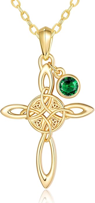 Witches Knot Necklace for Women, 14K Gold Celtic Knot Cross Jewelry with Triquetra Trinity with Birthstone Pendant, Birthday Witchy Spiritual Gifts for Her Wife Mom Grandma, 18+2 Inch Chain