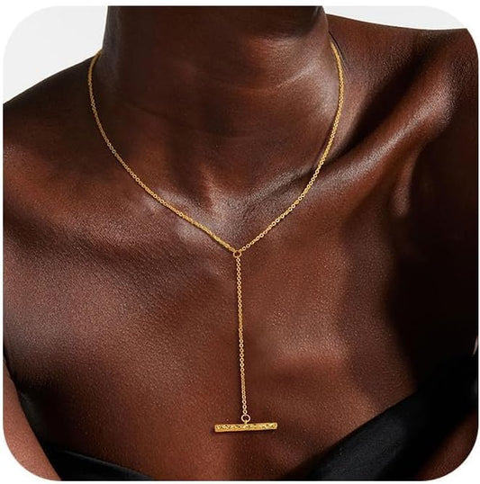 Lariat Necklaces for Women - Dainty Long Necklace Trendy 14K Gold Plated Hypoallergenic Layered Long Y-Shape Sunburst CZ T-Bar Pendant Drop Chain Necklace Set for Women Non Tarinsh Jewelry Gift