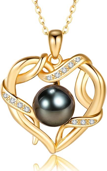 NONNYL Christmas Gifts for Women- Tahitian Black Pearl- Heart Necklace- Wife Mom Girlfriend Her- Anniversary Birthday- Mothers Day Valentine's Jewelry Gifts Real 9-10mm Pearl Pendant