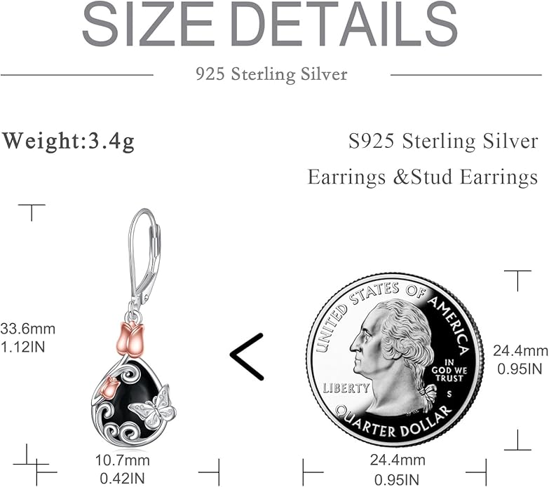AOBOCO Butterfly/Dragonfly/Bee/Ladybug Leverback Earrings 925 Sterling Silver Rose Lotus Tulip Flower Filigree Dangle Earrings Teardrop Moonstone Larimar Turquoise Abalone Shell Jewelry Birthday Gifts for Women