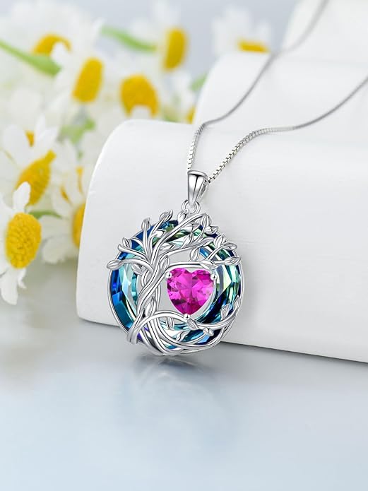 TOUPOP Christmas Gifts Tree of Life Birthstone Necklace 925 Sterling Silver Pendant Austrian Crystal Jewelry Anniversary Birthday Gifts for Women Mom Her Wife
