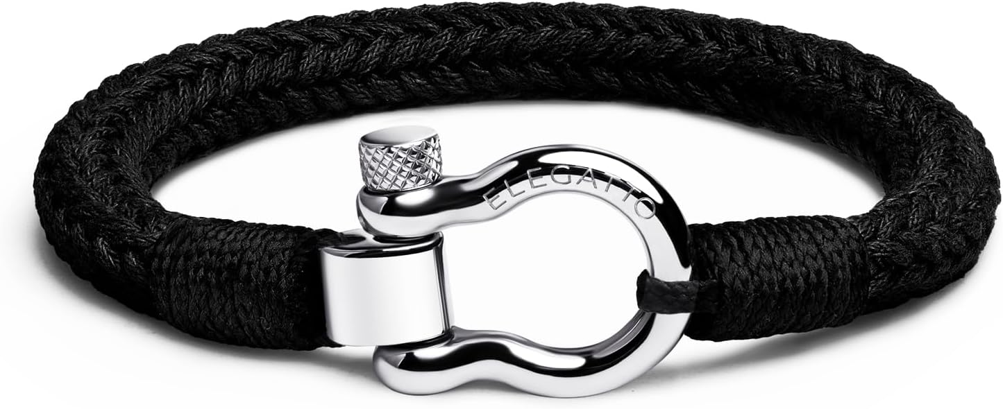 Elegatto Orion Premium Rope Bracelet for Men | Natural Cotton Finish and Sterling Silver Polished Stainless Steel Horseshoe Shackle Closure | Men’s Designer Bracelets