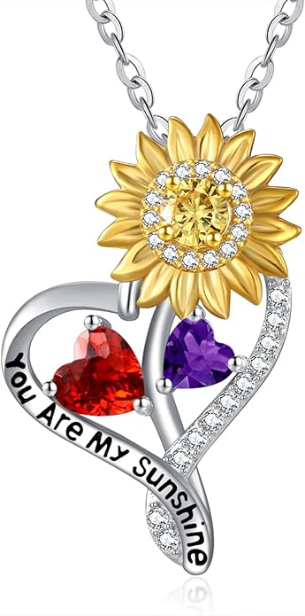 Zeuslia Double Birthstone Necklace Gifts for Wife - 925 Sterling Silver Sunflower/Rose/Crown Cross/Compass/Heart Pendant I Love You Necklace, Anniversary Birthday Gifts for Wife Girlfriend Mom Her