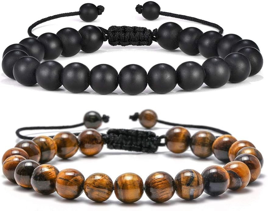 M MOOHAM Natural Stone Bracelets for Men - 8mm Tiger Eye, Matte Agate, Lava Rock - Teen Boys Gifts for Birthday, Anniversary, Christmas