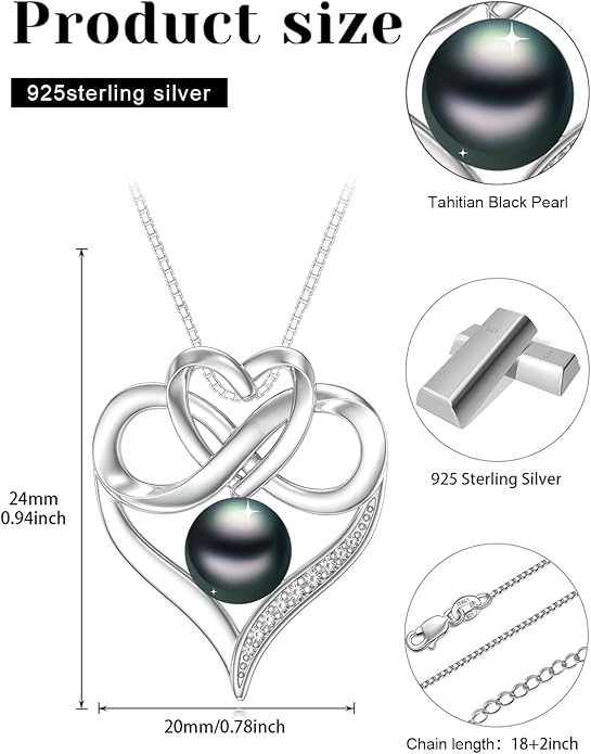 Tahitian Black Pearl Necklace Infinity Gifts for Women Wife Wedding Birthday Anniversary Jewelry Valentines Christmas Day Gifts 925 Sterling Silver