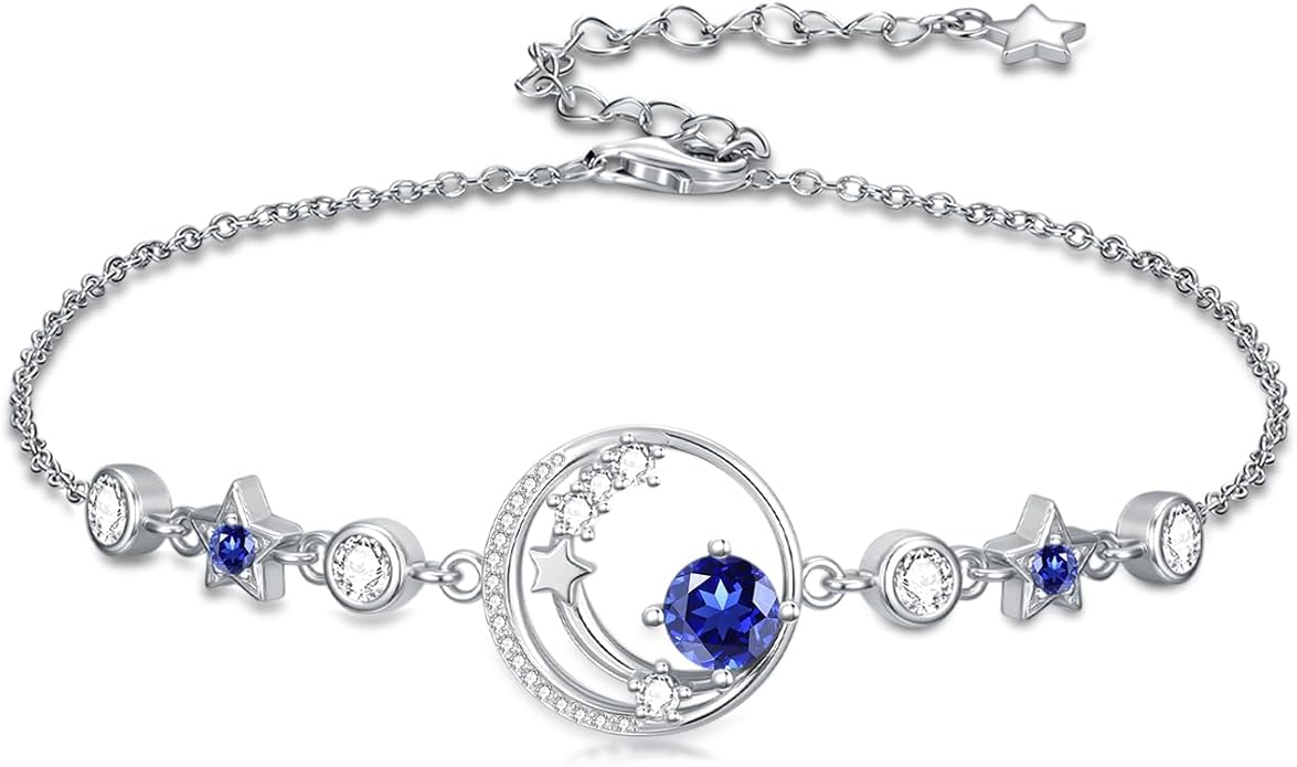 Moon and Star Birthstone Charm Link Bracelet 925 Sterling Silver Moon and Star Bracelet with 12 Months Birthstone Birthday Jewelry Gifts for Women Mom Her,Chain Length 7"+2" Extend