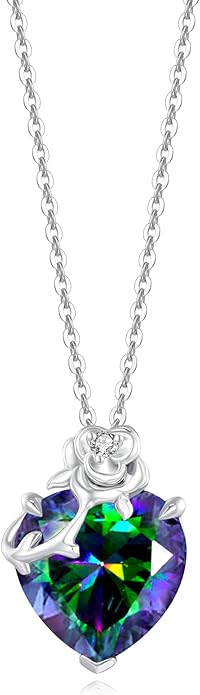 FANCIME 14K Solid White Gold Rose Pendant with Sterling Silver Chain Heart Birthstone Gemstone Fine Jewelry Christmas Gifts for Women Her