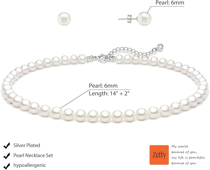 Zeffy Gold Pearl Necklace for Women, Dainty 14K Gold/Silve Plated Layered Pearl Choker Pearl Earrings Pearl Bracelets Wedding Trendy Gold Jewelry Set for Women Gifts