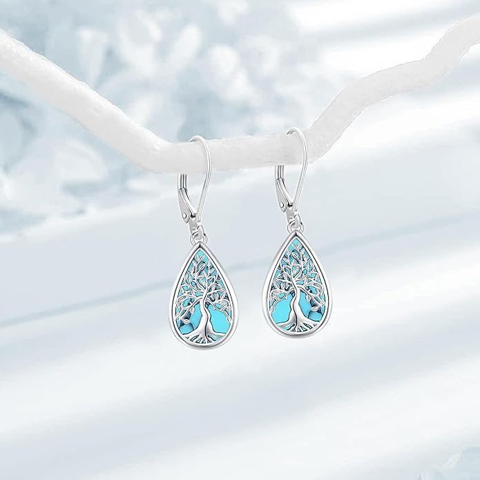 Tree of life Dangle Earrings Sterling Silver Moonstone/Turquoise/Malachite Earrings for Women Filigree Leverback Earrings Jewelry Gifts