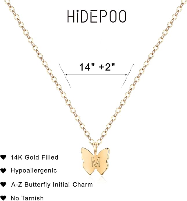 Hidepoo Initial Butterfly Necklace for Girls Gifts, 14K Gold/Silver/Rose Gold Filled Dainty Butterfly Pendant Choker Necklace Initial Butterfly Necklace Birthday Gifts for Girls