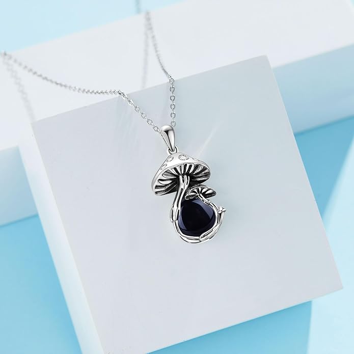 YAFEINI Mushroom Necklace Moonstone/Moss Agate/Malachite/Labradorite/Turquoise/Amber/Larimar/Black Onyx/Lapis Lazuli/Peridot/Opal Sterling Silver Mushroom Pendant Mother's Day Jewelry for Women Mom