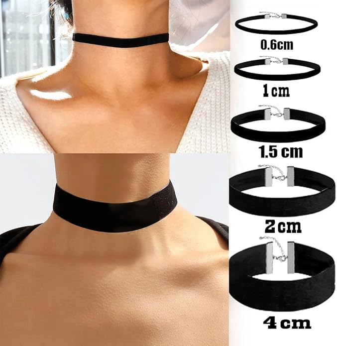 Sora Tuki Black Choker Necklace for Women 1cm-3cm Wide Velvet Leather Lace Chocker Tattoo Collar 90s Goth Jewelry