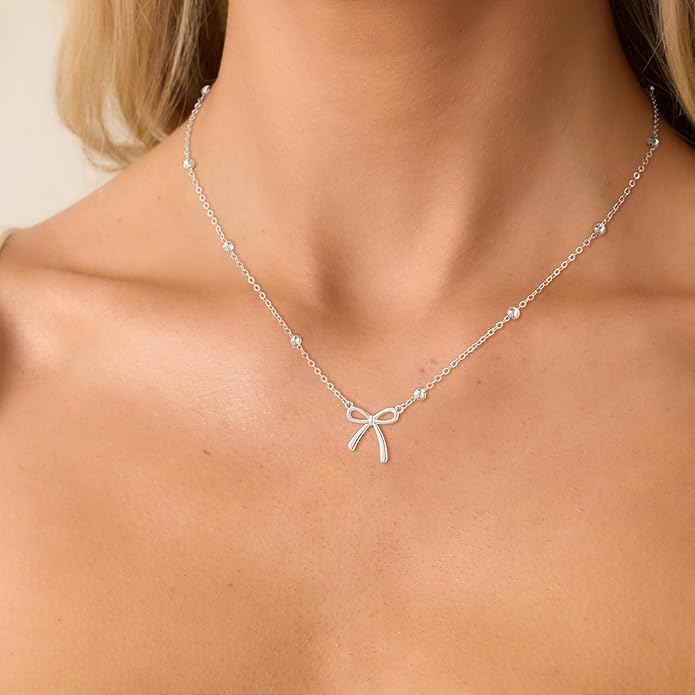 Gold Necklace for Women Dainty Bow Necklace 14K Gold Plated Cute Choker Necklace Small Bow Pendant Charm Necklaces Teen Gift Trendy Stuff Personalized Jewelry Gifts