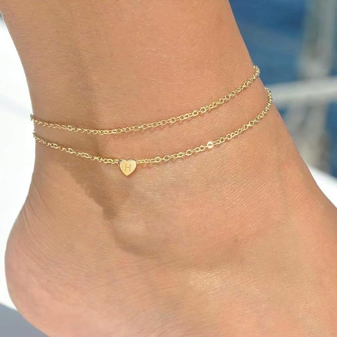 Turandoss Heart Initial Ankle Bracelets for Women, 14K Gold Filled Handmade Dainty Layered Anklet Letter Initial Heart Ankle Bracelets for Women Beach Jewelry Gifts